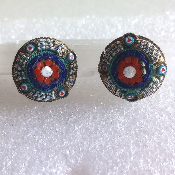 MICRO MOSAIC ITALY CLIP EARRINGS 7/8 " DIA. - Picture 1 of 5